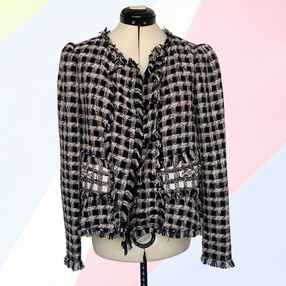 Rebecca Taylor 8 Medium Plaid Tweed Fringe Jacket/Blazer Black Pink White Pocket